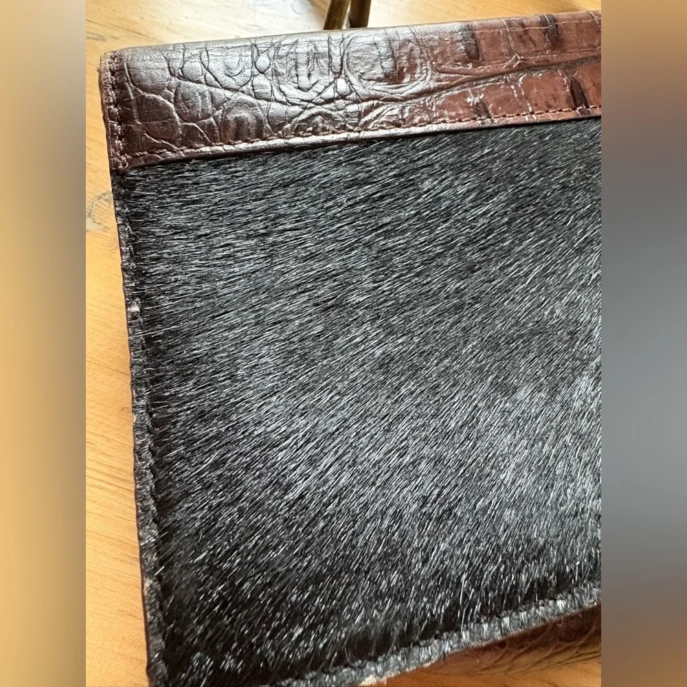 Vintage 90s Preston & York Brown Croc Embossed Leather Black Calf Hair Purse Bag